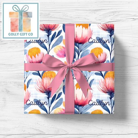 Personalized Watercolor Floral Wrapping Paper - Custom Name Gift Wrap Large Pink Blossoms - For Girl Baby, Girls, and Women