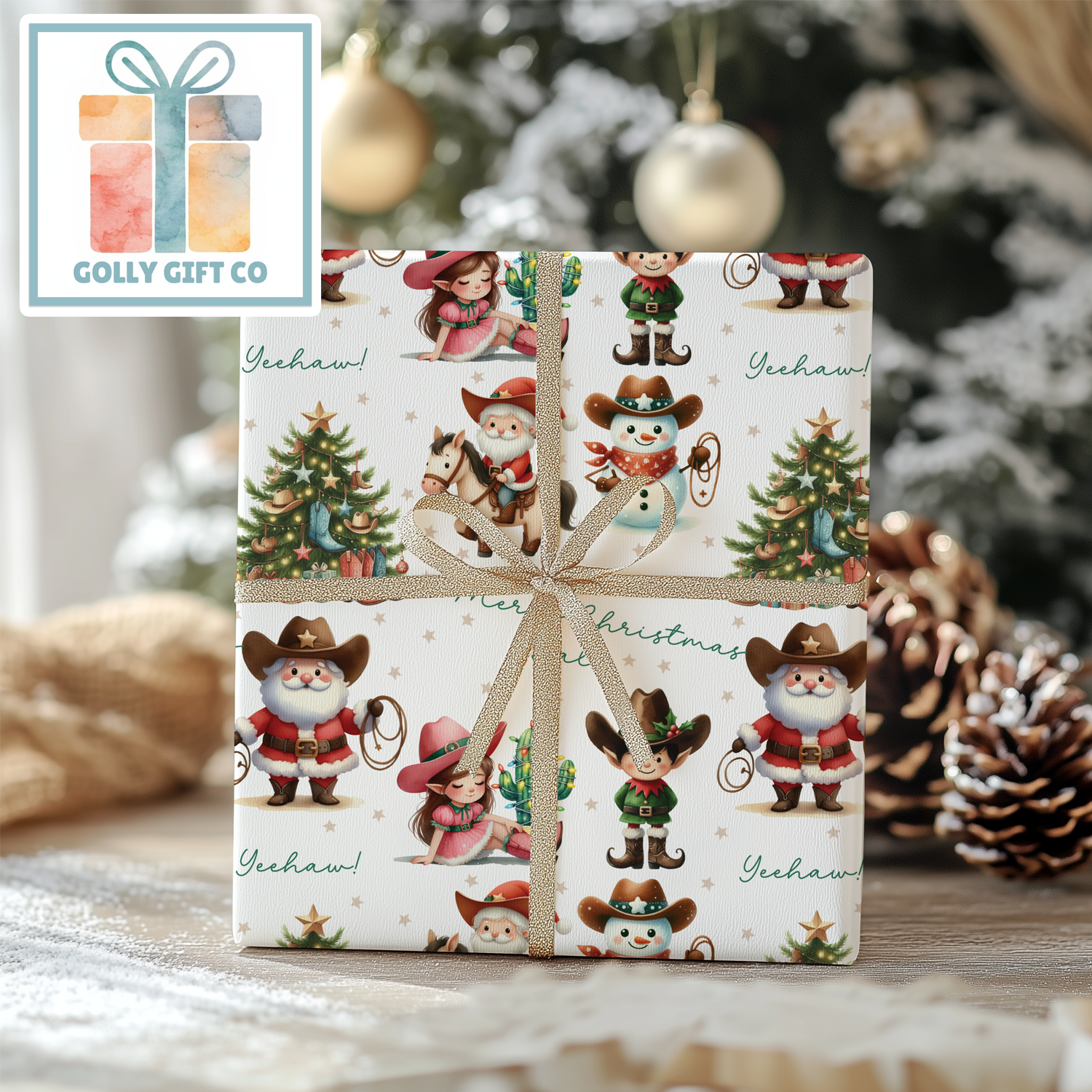 Cowboy Christmas Merry Christmas Y'all and Yeehaw Cowboy Santa Country and Western Christmas Wrapping Paper - Golly Gift Co