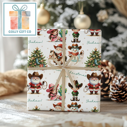 Cowboy Christmas Merry Christmas Y'all and Yeehaw Cowboy Santa Country and Western Christmas Wrapping Paper - Golly Gift Co