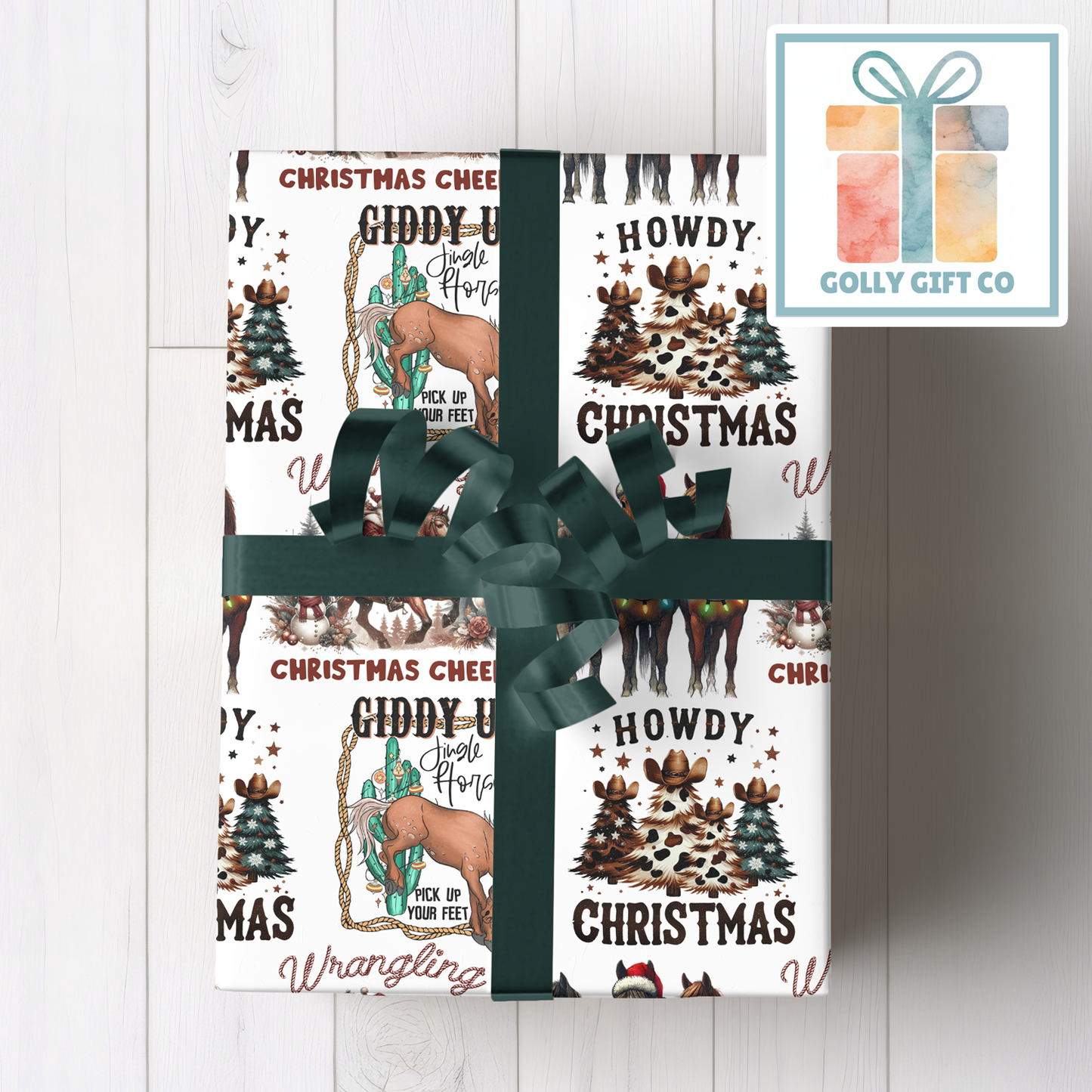 Cowboy Christmas Wrapping Paper Giddy Up Jingle Horse Country and Western Christmas Wrapping Paper - Howdy Christmas - Cowboy Santa - Golly Gift Co
