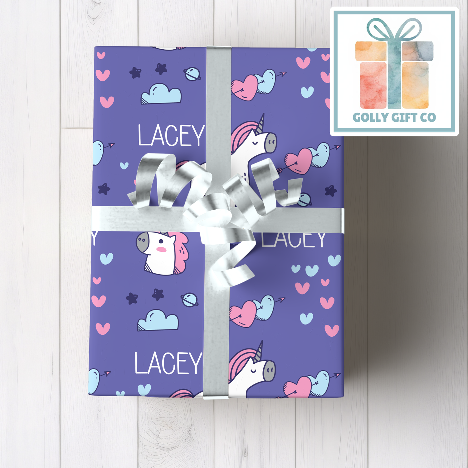 Personalized Special Occasion Unicorn Wrapping Paper - Birthday Gift Wrap for Girls with Unicorns, Hearts, and Stars - Golly Gift Co