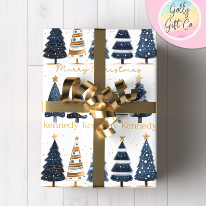 Personalized Elegant Blue Trees Christmas Wrapping Paper - Your Name Christmas Gift Wrap - Custom Gift Wrap for Christmas Gifts - Golly Gift Co