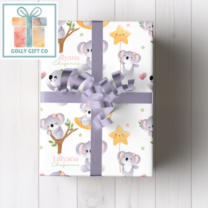 Personalized Koala Wrapping Paper, Custom Name Gift Wrap, Baby Girl Koala Bear, Baby Shower Gift Wrap, Kids Birthday Wrapping Paper