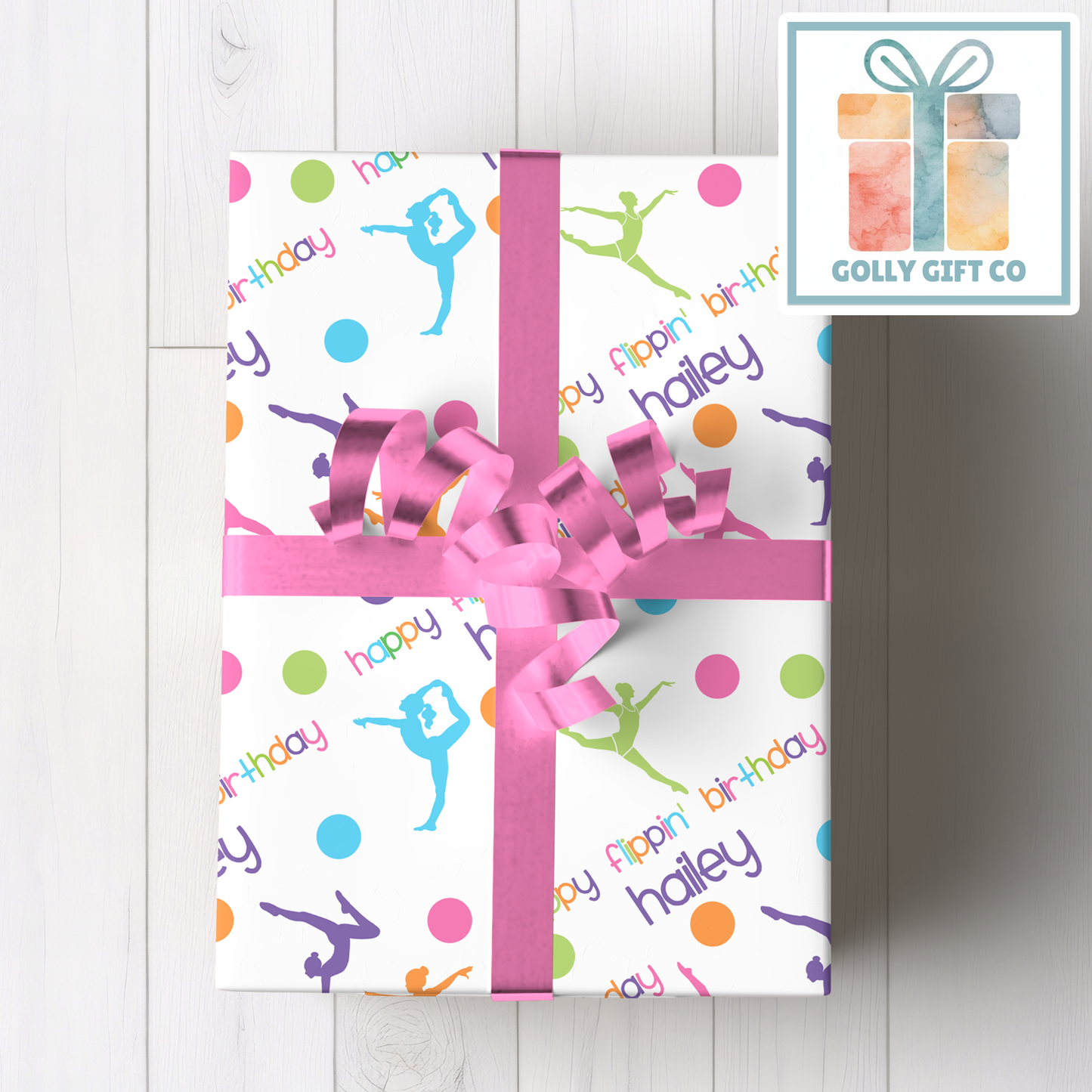 Gymnastics Birthday Gift Wrap / Girls Gymnastics Themed Wrapping Paper / Wrapping Paper for Gifts for Gymnasts - Happy Flippin Birthday - Golly Gift Co