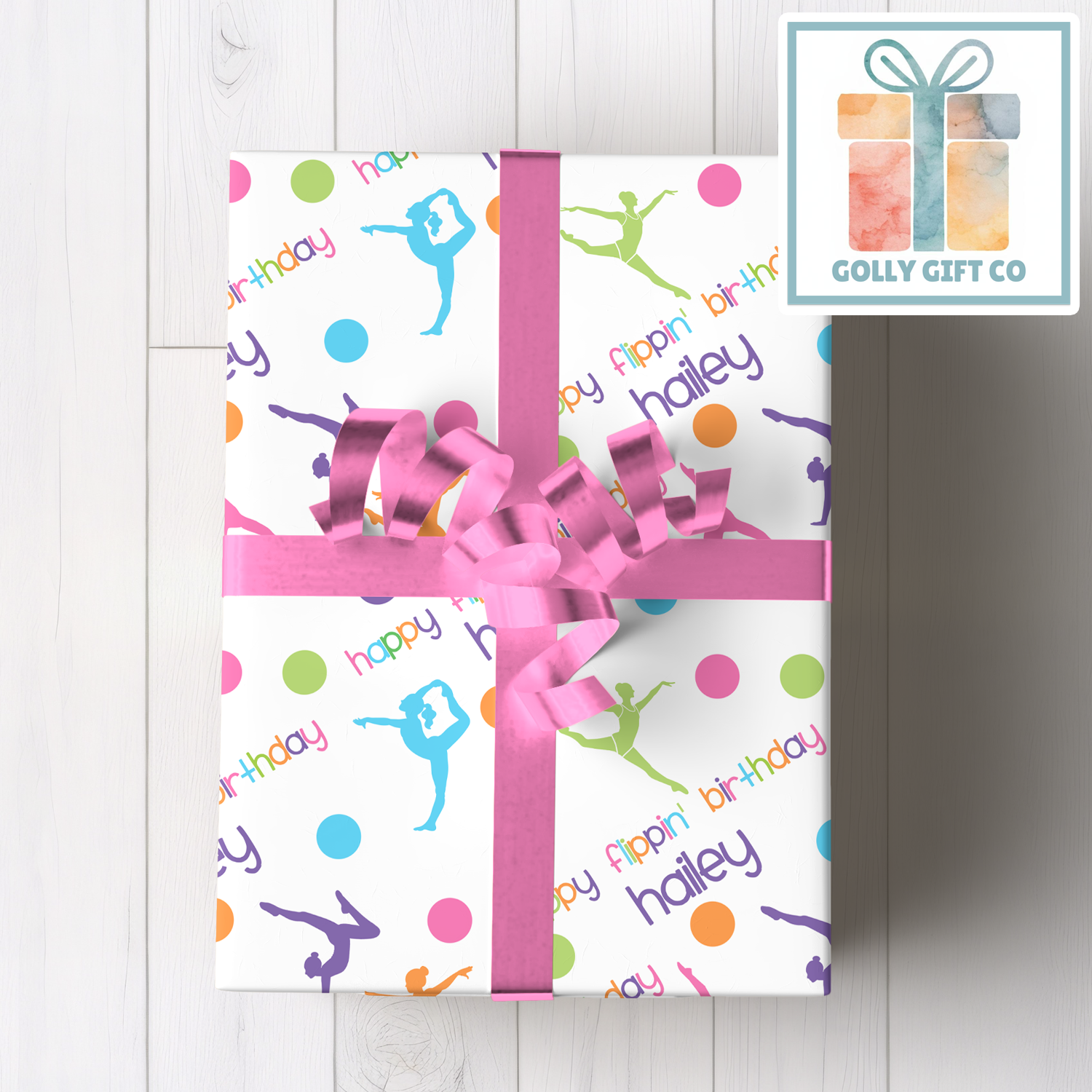Gymnastics Birthday Gift Wrap / Girls Gymnastics Themed Wrapping Paper / Wrapping Paper for Gifts for Gymnasts - Happy Flippin Birthday - Golly Gift Co