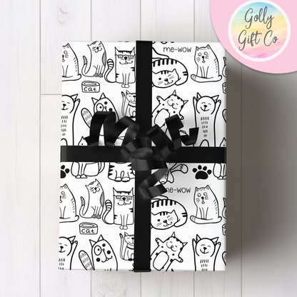 Doodle Kitties Wrapping Paper - Gift Wrap - Any Occasion Gift Wrapping Paper for Cat Lovers with Black and White Doodle Cats