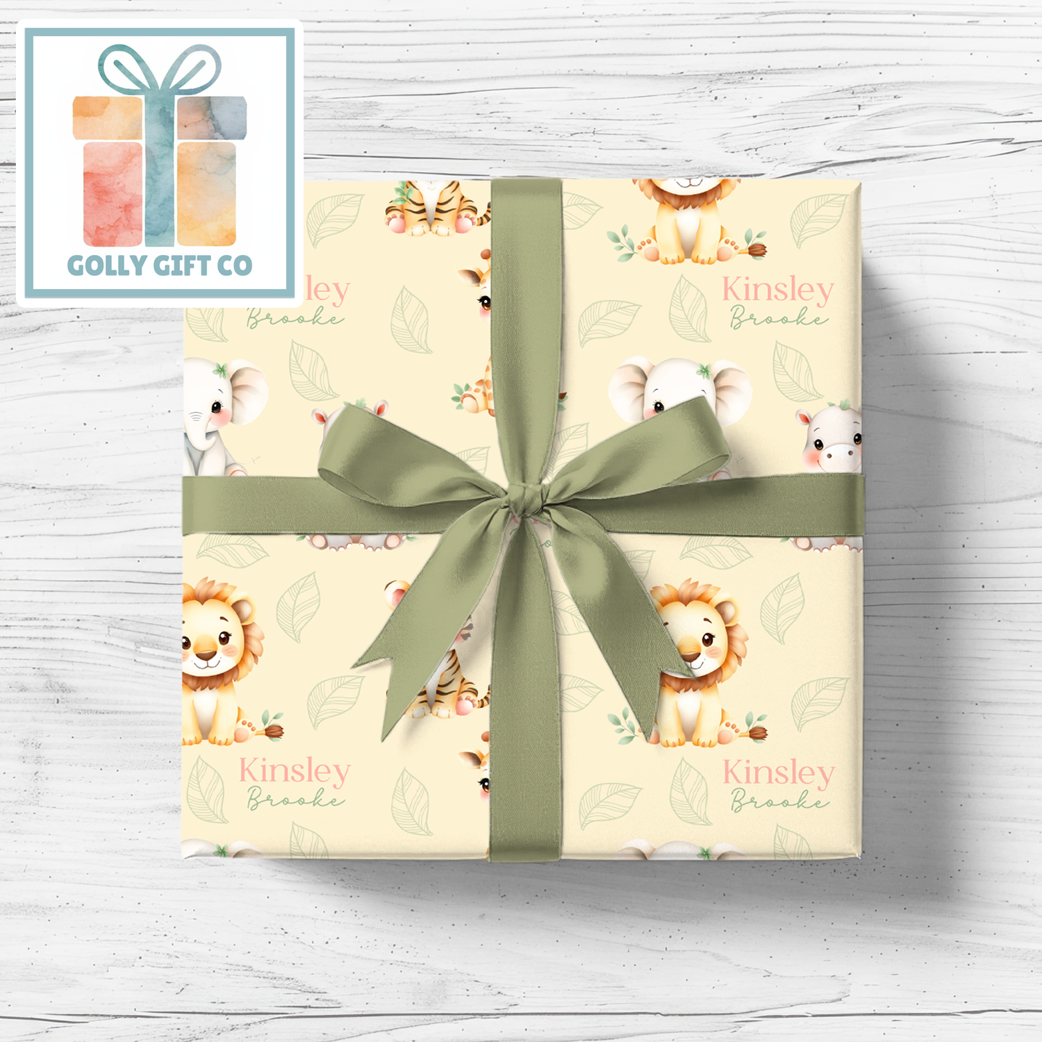 Custom Baby Name Wrapping Paper | Safari Animals Gift Wrap | Personalized Baby Shower Present Wrap - Golly Gift Co