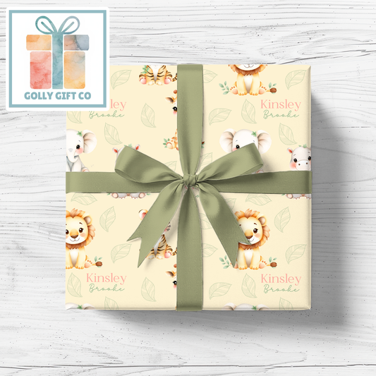 Custom Baby Name Wrapping Paper | Safari Animals Gift Wrap | Personalized Baby Shower Present Wrap