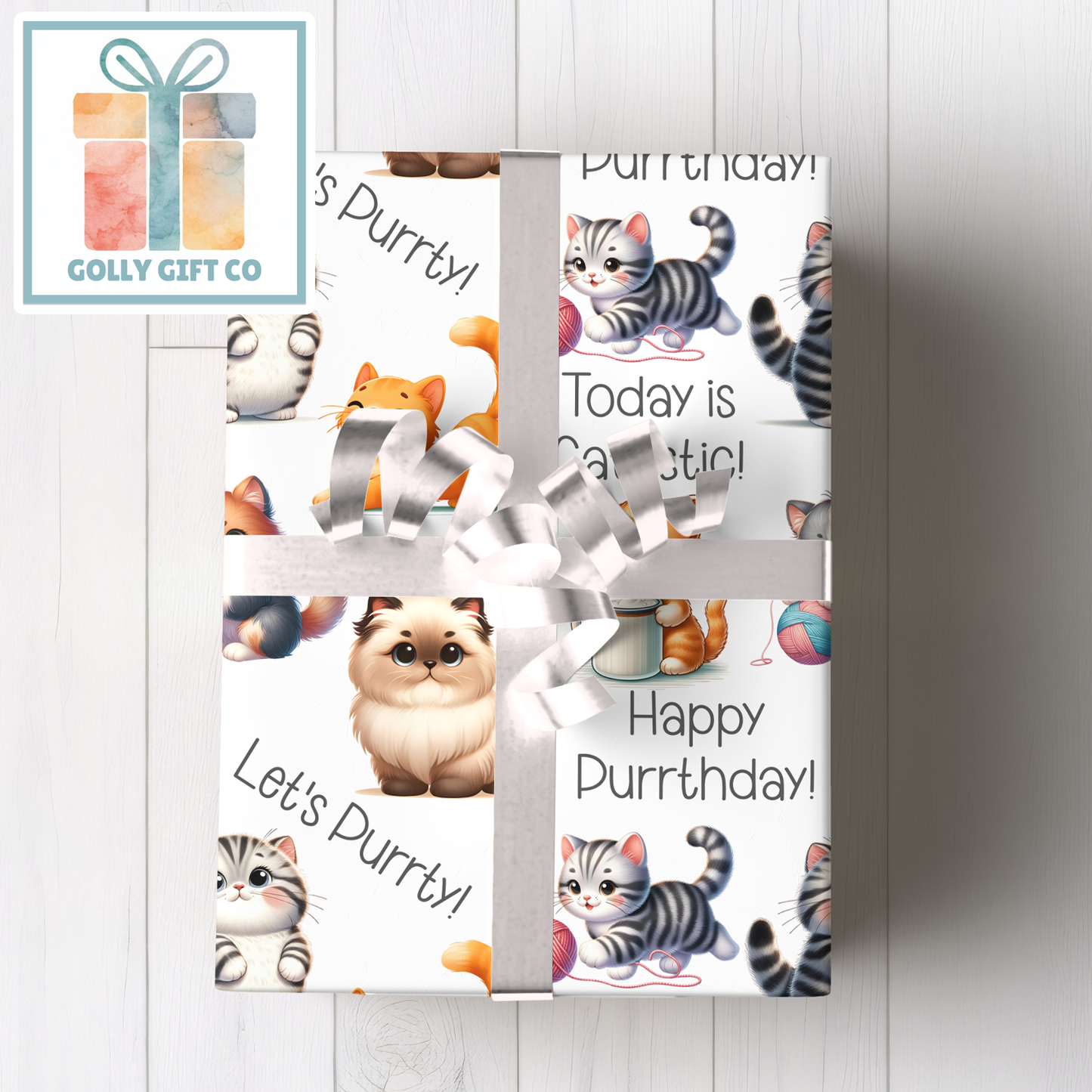 Let's Purrty Adorable Cat Wrapping Paper - Gift Wrap - Kittens and Cats Happy Purrthday Cat Puns Birthday or Other Occasion Wrapping Paper - Golly Gift Co