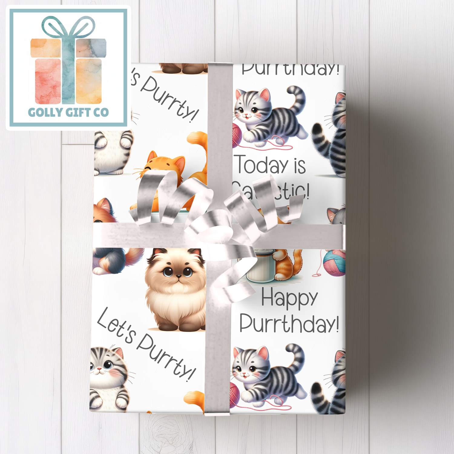 Let's Purrty Adorable Cat Wrapping Paper - Gift Wrap - Kittens and Cats Happy Purrthday Cat Puns Birthday or Other Occasion Wrapping Paper - Golly Gift Co