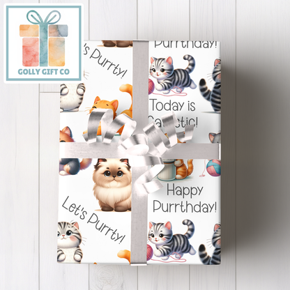 Let's Purrty Adorable Cat Wrapping Paper - Gift Wrap - Kittens and Cats Happy Purrthday Cat Puns Birthday or Other Occasion Wrapping Paper - Golly Gift Co