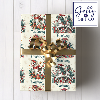 Personalized Cute Christmas Carousel Horses Wrapping Paper - Your Name Christmas Gift Wrap - Custom Gift Wrap for Christmas With Horses