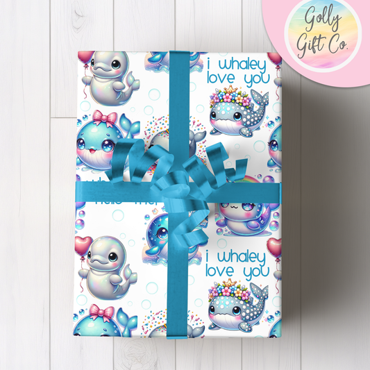 I Whaley Love You Wrapping Paper - Gift Wrap - Whales and Narwhals for Birthday or Other Occasion Wrapping Paper - Golly Gift Co