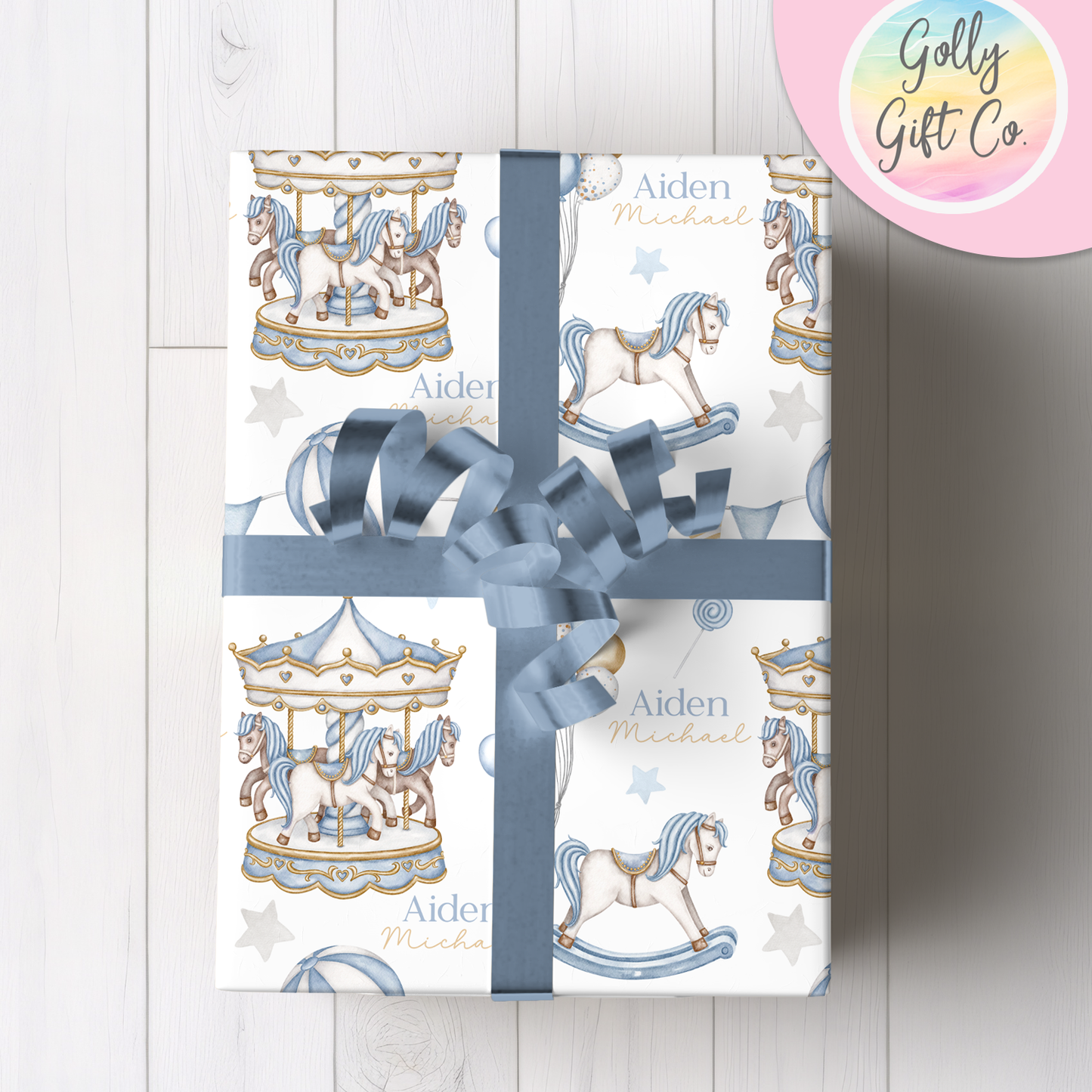 Personalized Blue Carousel Wrapping Paper - Your Name Baby Birthday or Baby Shower Gift Wrap - Baby's Name on Blue Carousel Gift Wrap