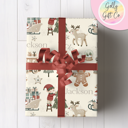 Personalized Cute Boho Christmas Wrapping Paper - Your Name Christmas Gift Wrap - Custom Gift Wrap for Christmas With Neutral Colors - Golly Gift Co