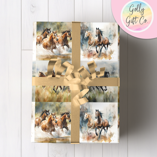 Wild Horses Wrapping Paper For Any Occasion - Country and Western Gift Wrap for Cowboys and Cowgirls - Birthday Gift Wrap or Any Occasion - Golly Gift Co