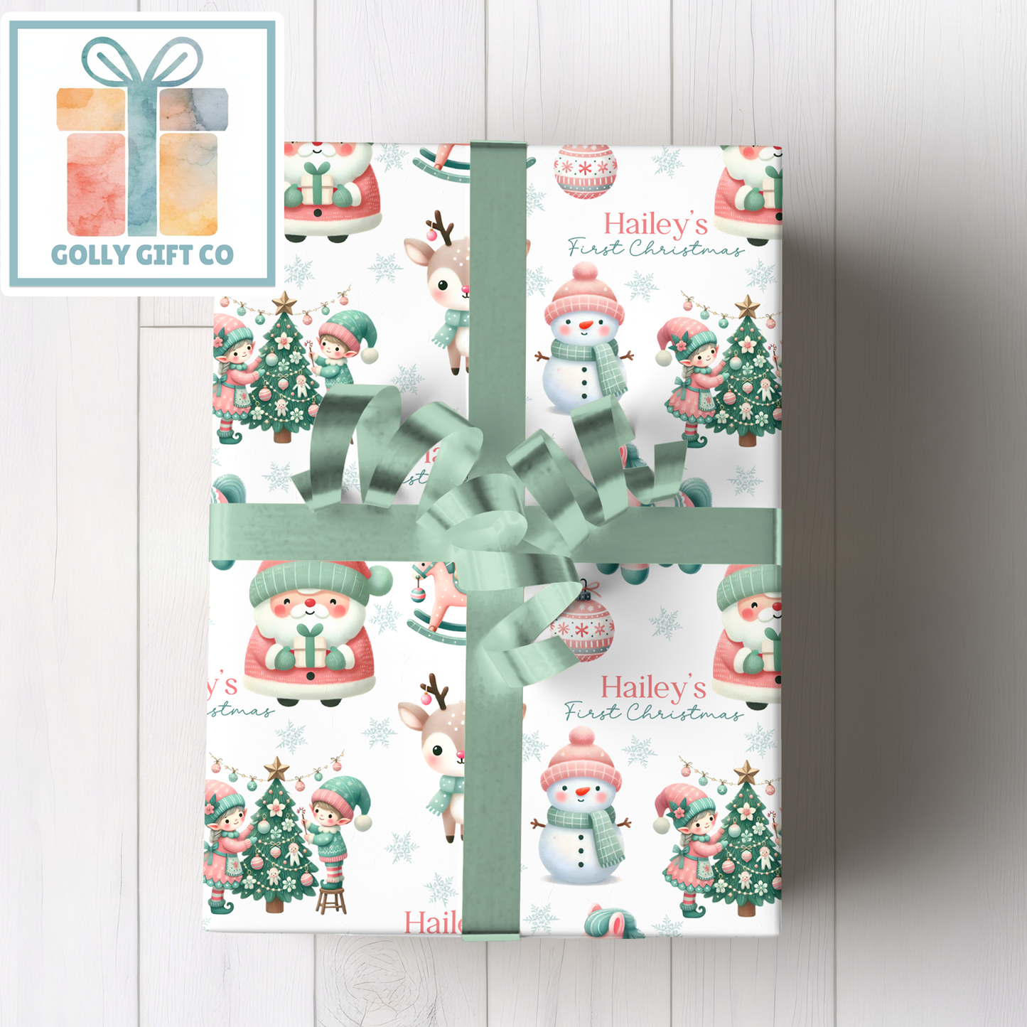 Personalized Baby's First Christmas Wrapping Paper - Your Name Christmas Gift Wrap - Baby's Name and Pink and Mint Christmas Gift Wrap - Golly Gift Co