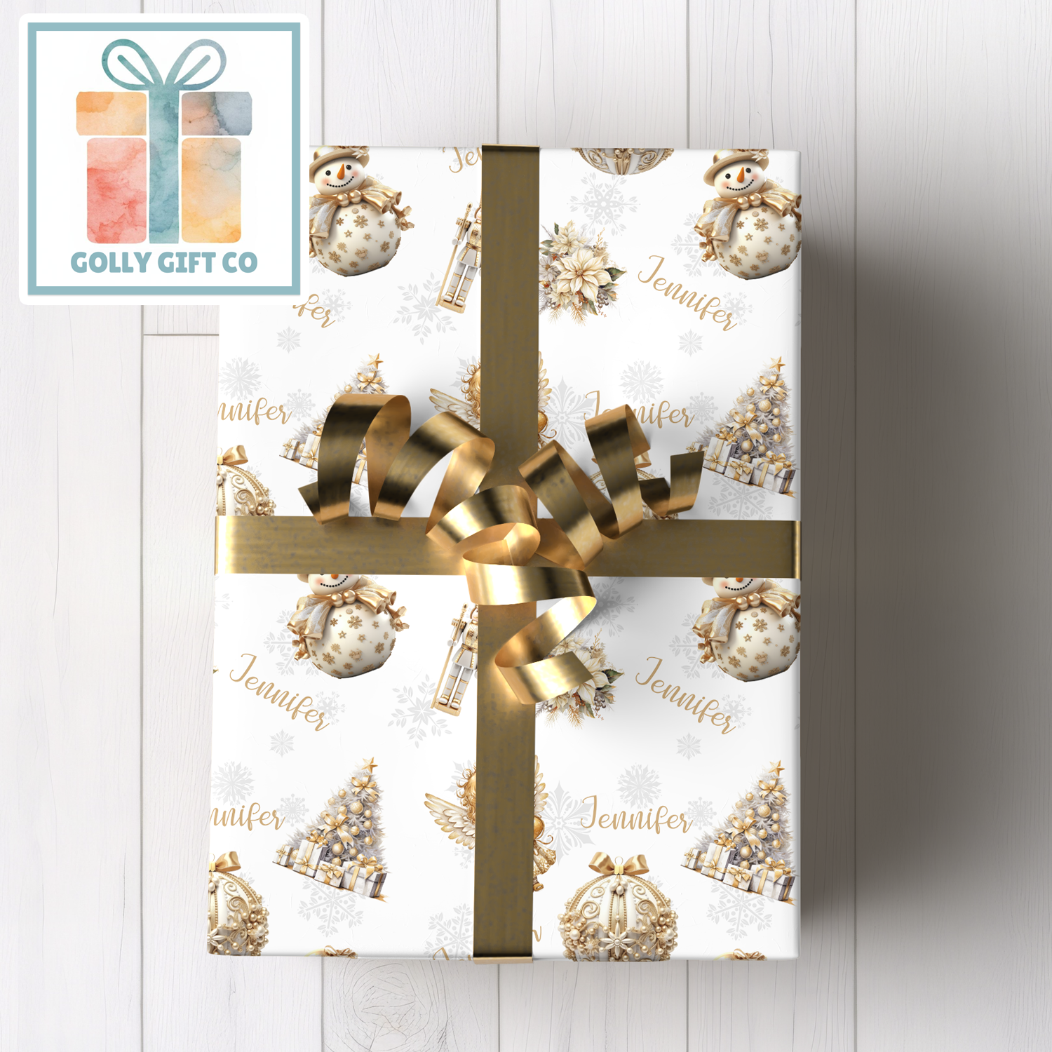 Personalized Gold Christmas Wrapping Paper - Your Name Christmas Gift Wrap in Hues of Silver and Gold - Elegant Christmas Wrapping Paper - Golly Gift Co