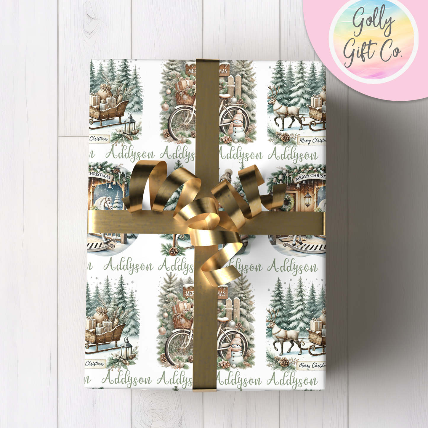 Personalized Rustic Green Christmas Wrapping Paper - Your Name Christmas Gift Wrap - Custom Gift Wrap for Christmas Gifts - Golly Gift Co