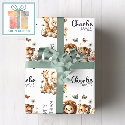 Personalized Special Occasion Wrapping Paper - Birthday - Baby Shower - Little Boy or Little Girl - Baby Animals and Teddy Bear Gift Wrap - Golly Gift Co