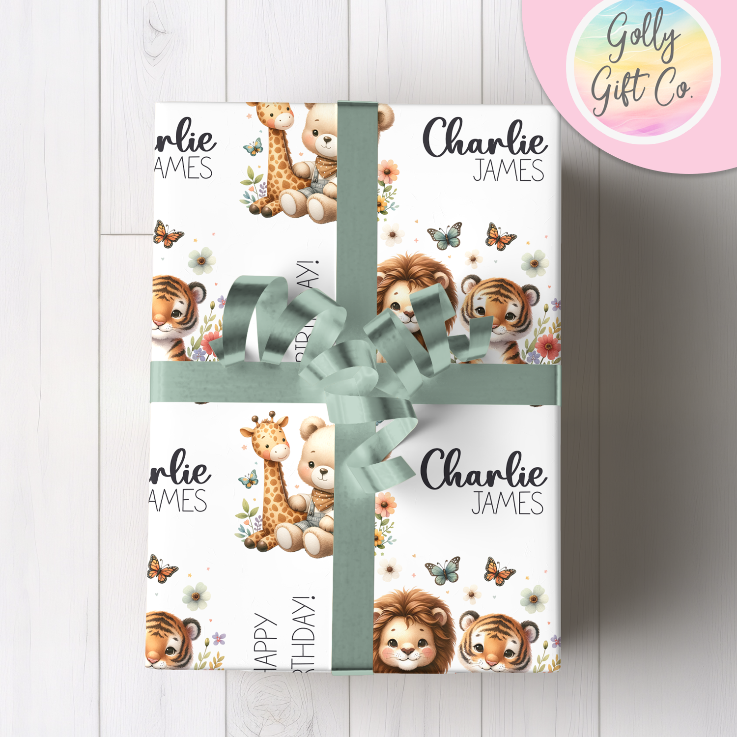 Personalized Special Occasion Wrapping Paper - Birthday - Baby Shower - Little Boy or Little Girl - Baby Animals and Teddy Bear Gift Wrap - Golly Gift Co