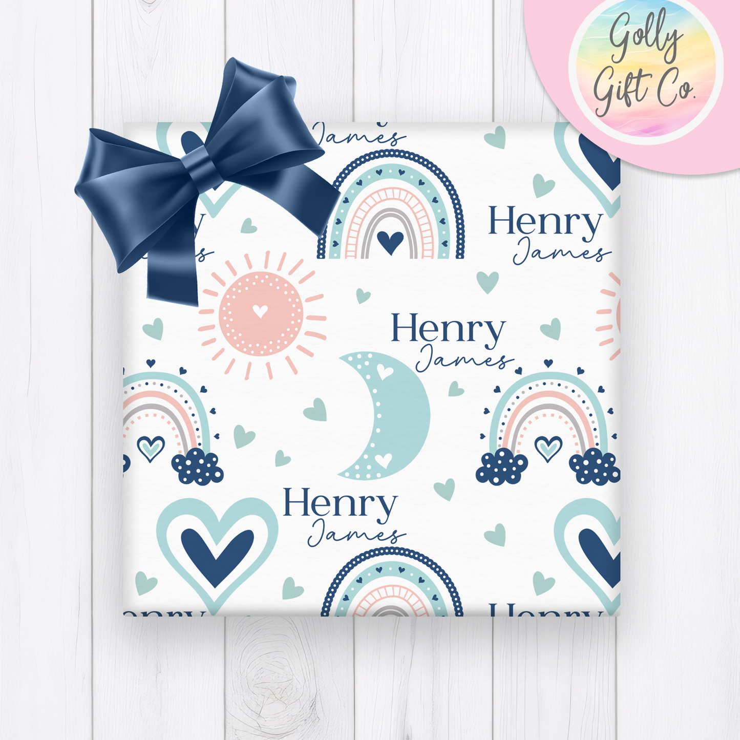 Personalized Rainbow Baby Wrapping Paper - Your Name Baby Birthday or Baby Shower Gift Wrap - Baby's Name and Rainbows Gift Wrap - Blue