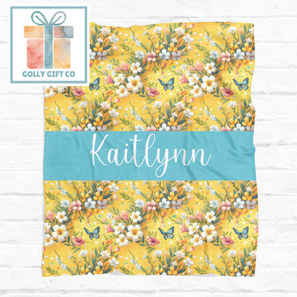Personalized Vintage Floral Butterfly Fleece Blanket - Custom Name Tropical Boho Throw Blanket