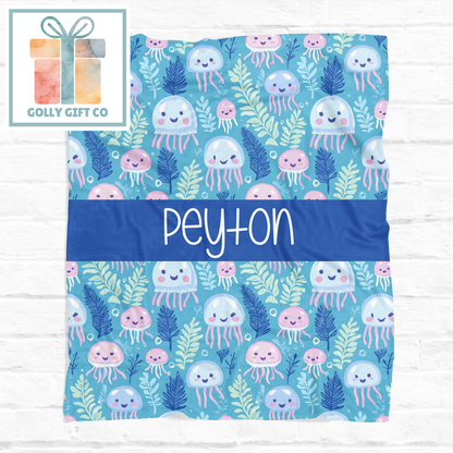 Personalized Jellyfish Fleece Blanket - Custom Name Ocean Theme Blanket for Kids