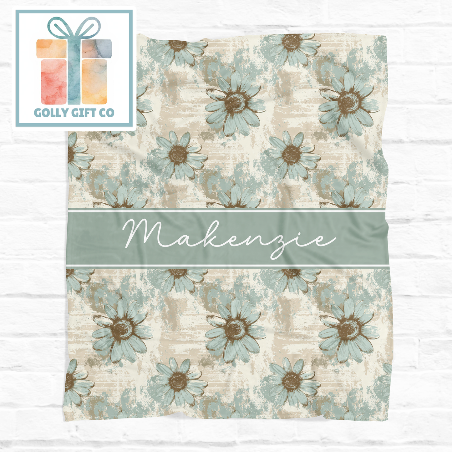 Personalized Rustic Daisy Fleece Blanket with Name, Turquoise Floral Custom Throw Blanket, Farmhouse Home Decor Gift