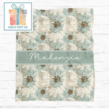 Personalized Rustic Daisy Fleece Blanket with Name, Turquoise Floral Custom Throw Blanket, Farmhouse Home Decor Gift