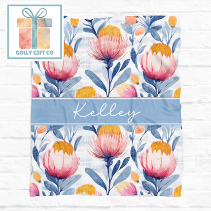 Personalized Watercolor Floral Fleece Blanket - Custom Name Throw With Large Pink Spring Blossoms For Girls, Women, and Baby