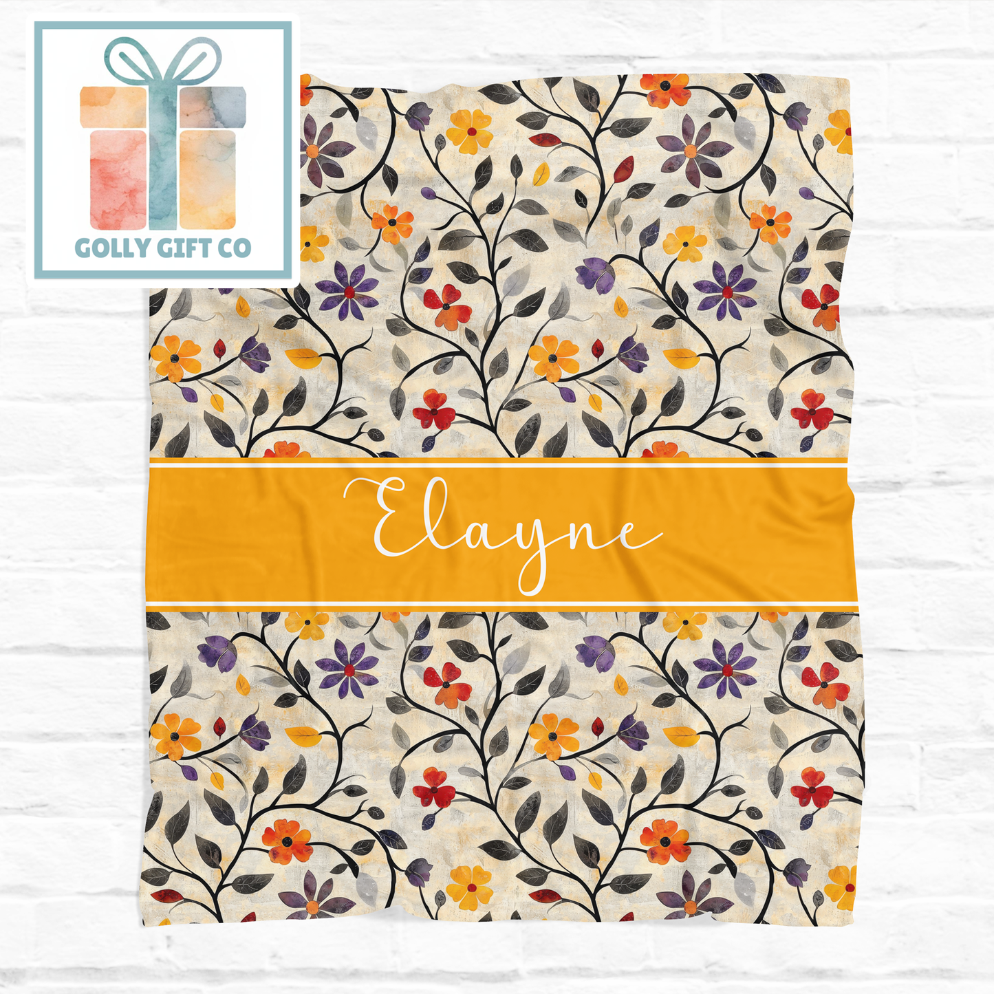 Custom Name Floral Boho Fleece Blanket - Personalized Throw Blanket with Vintage Flower Pattern