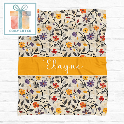 Custom Name Floral Boho Fleece Blanket - Personalized Throw Blanket with Vintage Flower Pattern