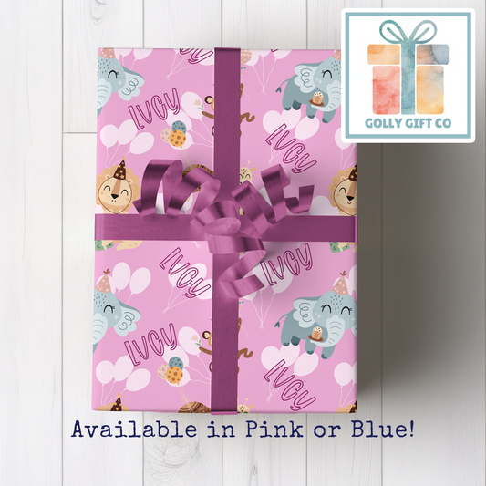 Personalized Safari Birthday or Baby Shower Wrapping Paper - Gift Wrap for Child's Birthday or Other Occasion - Golly Gift Co