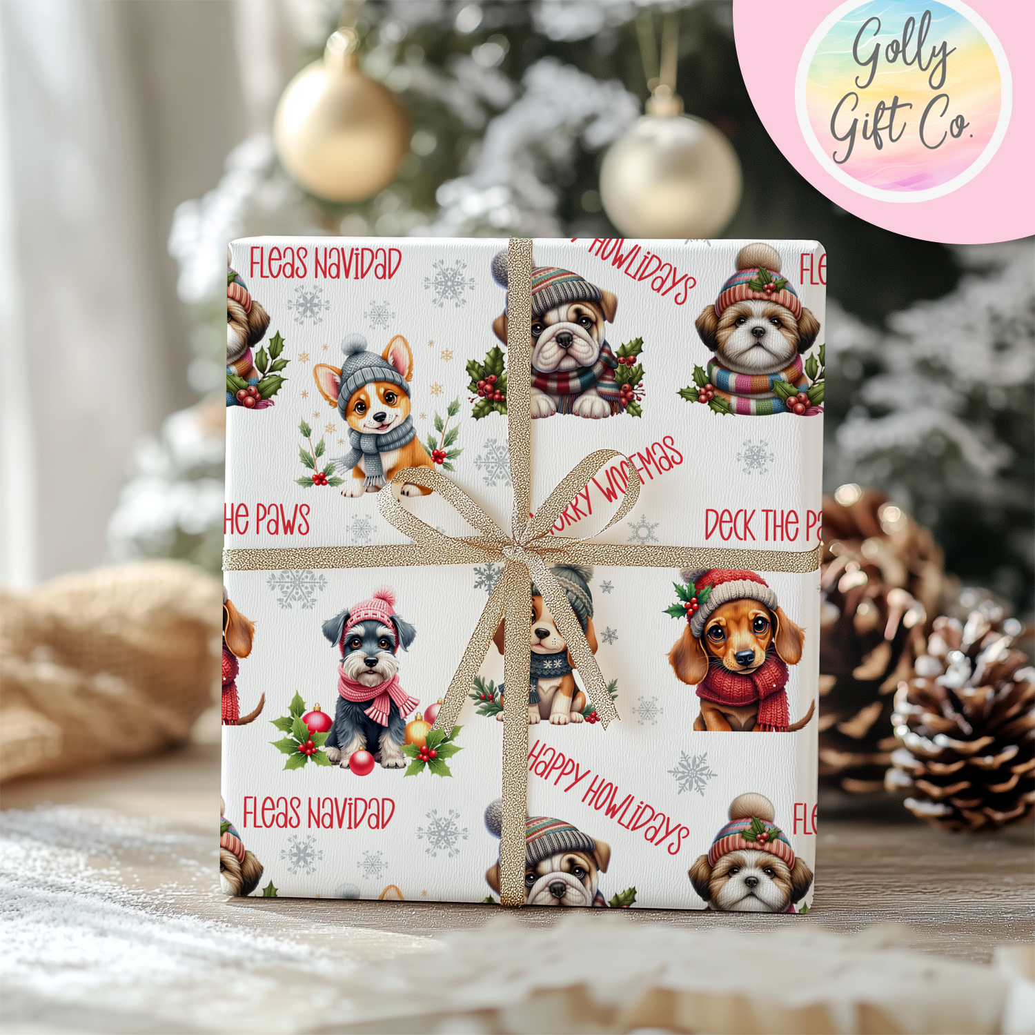 Adorable Christmas Dogs Wrapping Paper - Gift Wrap Dogs with Winter Hats - Merry Woofmas Christmas Wrapping Paper - Golly Gift Co