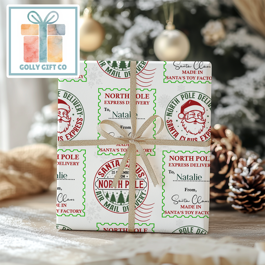 Personalized Christmas Wrapping Paper From Santa - Your Name Christmas Gift Wrap - Child's Name From Santa Christmas Gift Wrap - Golly Gift Co