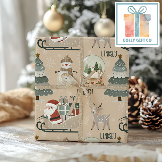 Personalized Boho Christmas Wrapping Paper - Your Name Christmas Gift Wrap -Custom Gift Wrap for Christmas With Neutral Colors in Boho Style - Golly Gift Co