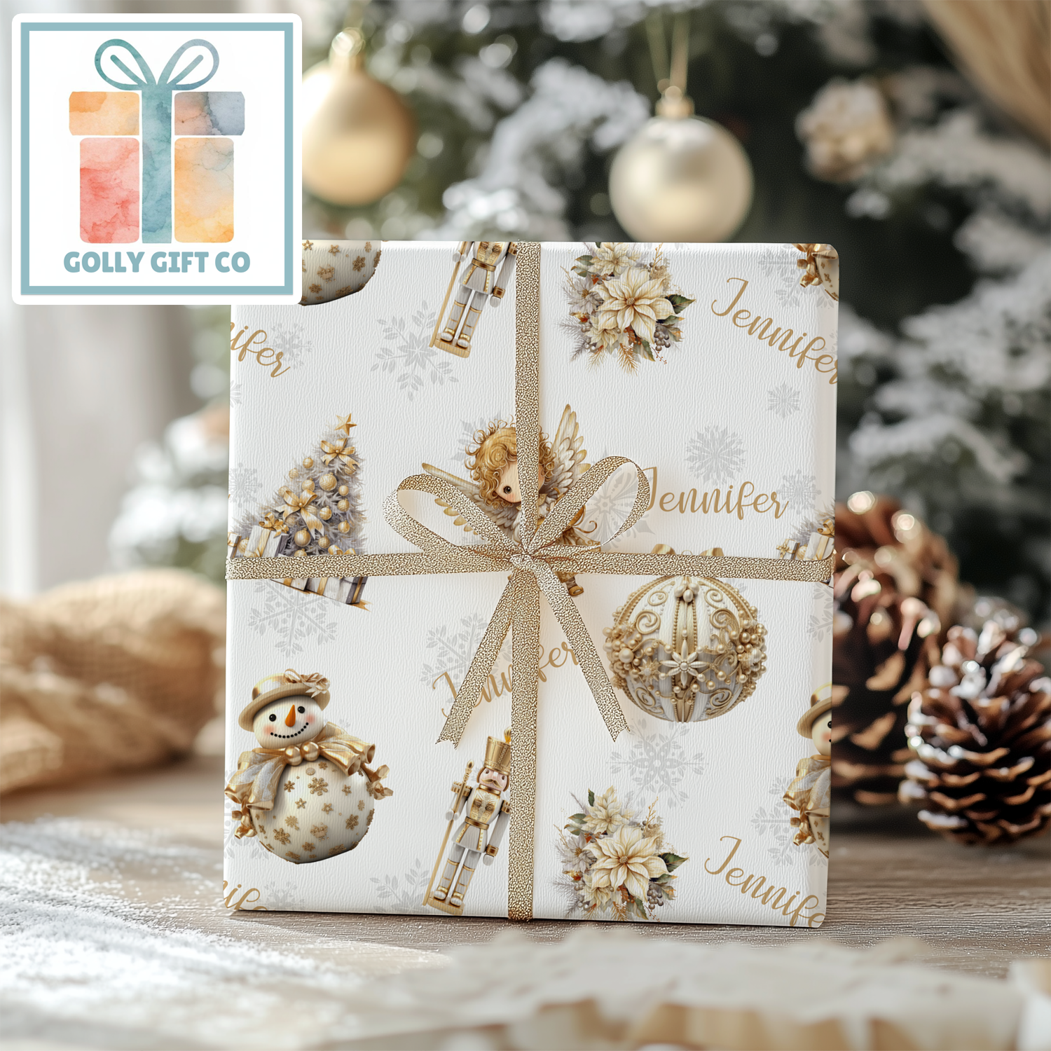 Personalized Gold Christmas Wrapping Paper - Your Name Christmas Gift Wrap in Hues of Silver and Gold - Elegant Christmas Wrapping Paper - Golly Gift Co