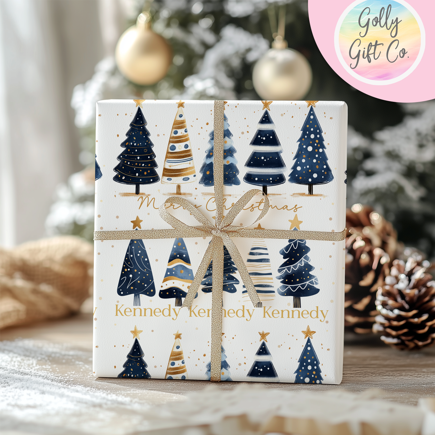 Personalized Elegant Blue Trees Christmas Wrapping Paper - Your Name Christmas Gift Wrap - Custom Gift Wrap for Christmas Gifts - Golly Gift Co