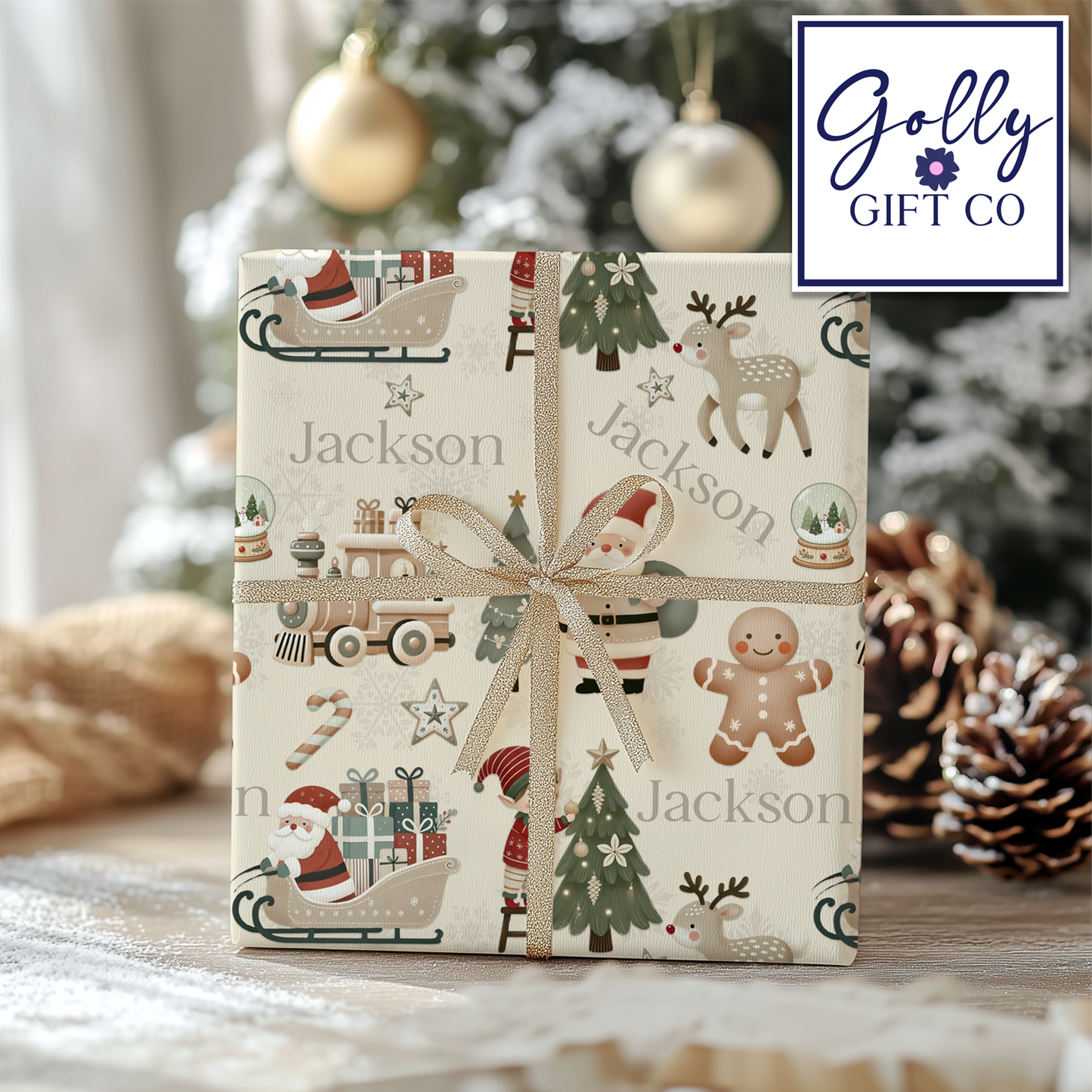 Personalized Cute Boho Christmas Wrapping Paper - Your Name Christmas Gift Wrap - Custom Gift Wrap for Christmas With Neutral Colors