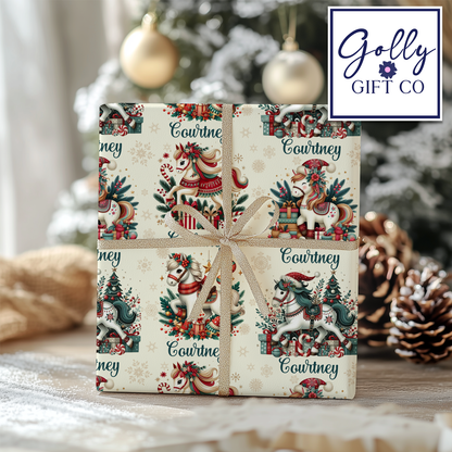 Personalized Cute Christmas Carousel Horses Wrapping Paper - Your Name Christmas Gift Wrap - Custom Gift Wrap for Christmas With Horses