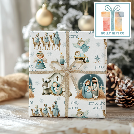 Cute Nativity Christmas Gift Wrap / Jesus' Birth Themed Wrapping Paper / Wrapping Paper for Christmas with a Blue Nativity Scene - Golly Gift Co