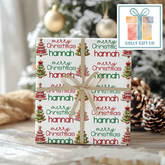 Personalized Your Name Christmas Wrapping Paper - Christmas Cookie Trees Gift Wrap - Merry Christmas Gift Wrap with Recipient Name - Golly Gift Co