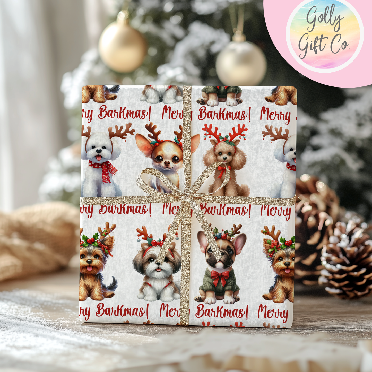 Adorable Christmas Dogs Wrapping Paper - Gift Wrap Dogs with Reindeer Antlers - Merry Barkmas Christmas Wrapping Paper - Christmas for Dogs - Golly Gift Co