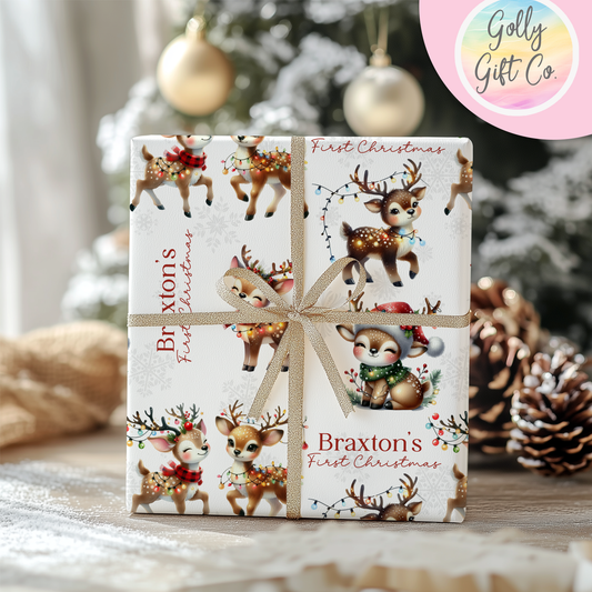 Personalized Baby's First Christmas Wrapping Paper - Your Name Christmas Gift Wrap - Baby's Name and Cute Reindeers Christmas Gift Wrap - Golly Gift Co