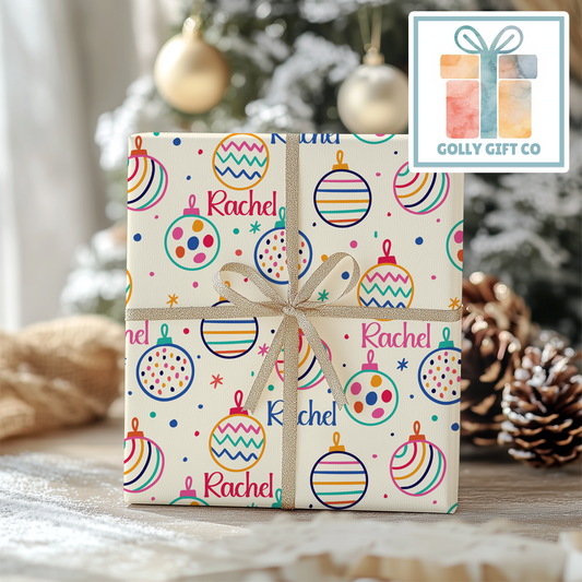 Personalized Your Name Christmas Wrapping Paper - Artistic Christmas Ornaments Gift Wrap - Girly Christmas Ornaments with Recipient Name - Golly Gift Co