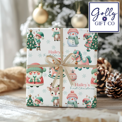 Personalized Baby's First Christmas Wrapping Paper - Your Name Christmas Gift Wrap - Baby's Name and Pink and Mint Christmas Gift Wrap