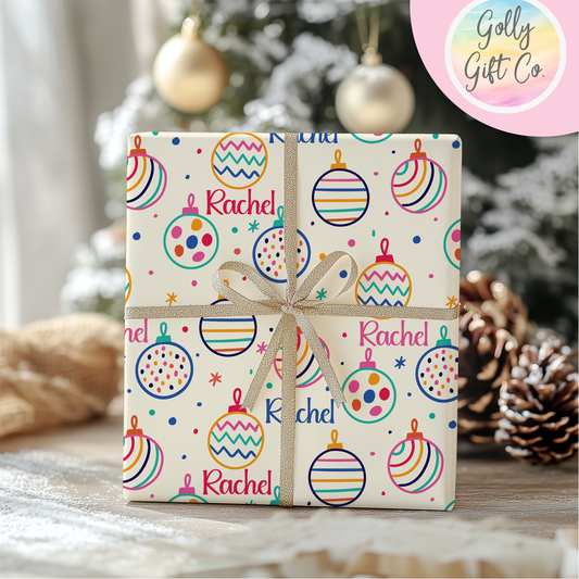 Personalized Your Name Christmas Wrapping Paper - Artistic Christmas Ornaments Gift Wrap - Girly Christmas Ornaments with Recipient Name