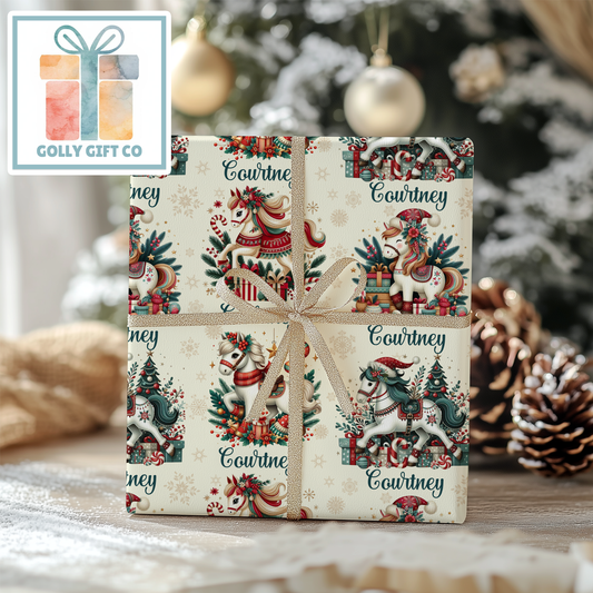 Personalized Cute Christmas Carousel Horses Wrapping Paper - Your Name Christmas Gift Wrap - Custom Gift Wrap for Christmas With Horses - Golly Gift Co