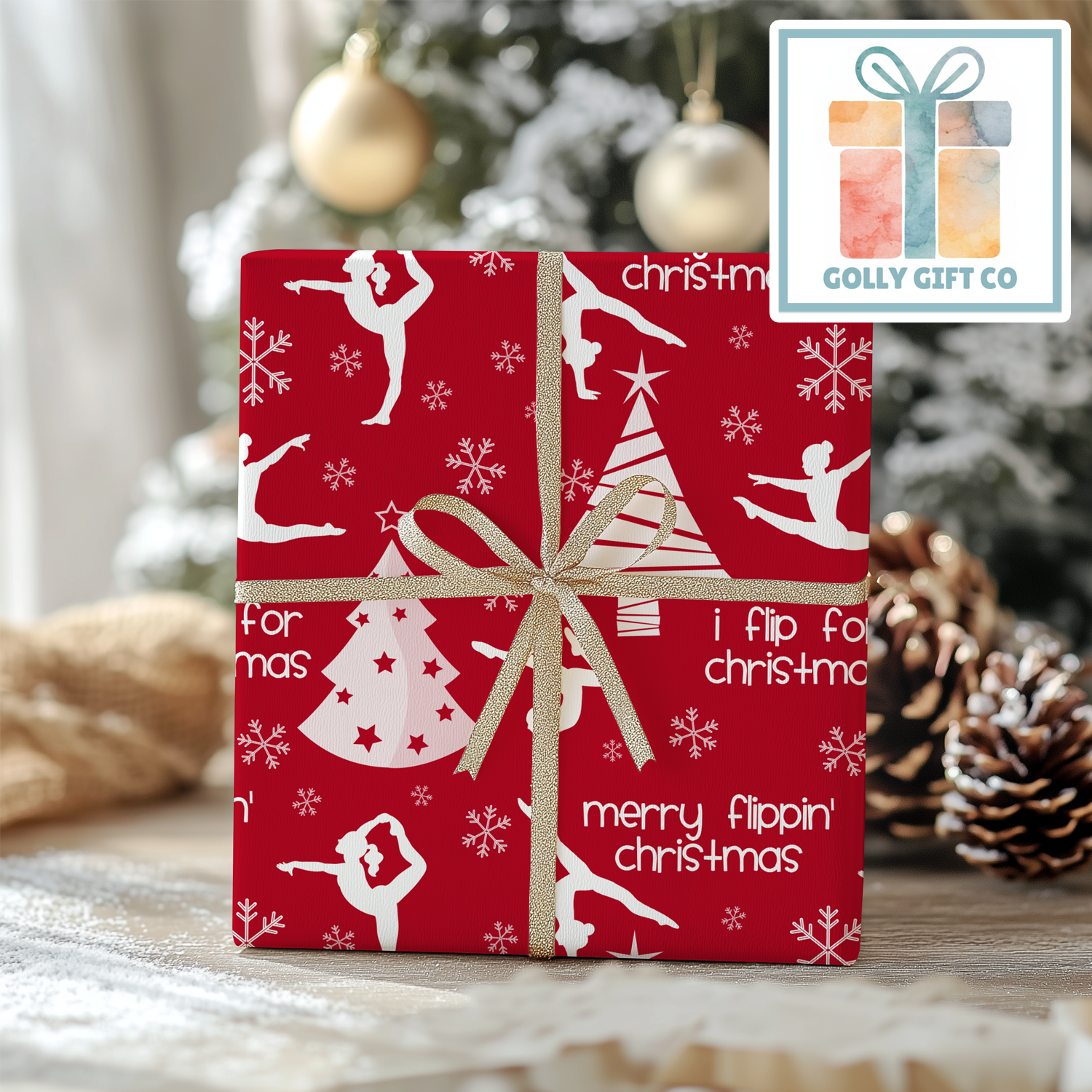 Gymnastics Christmas Gift Wrap / Girls Gymnastics Themed Wrapping Paper / Wrapping Paper for Gifts for Gymnasts - Flip For Christmas - Golly Gift Co